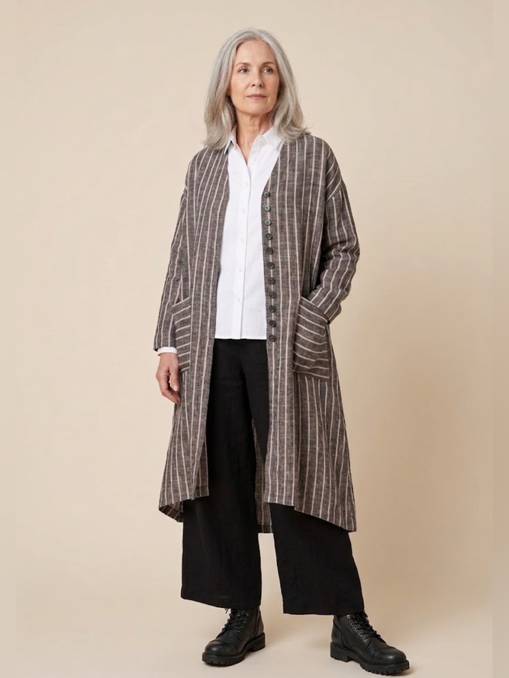 CHEYENNE NWT Striped Cotton Linen Long Cardigan Jacket S/M Oversized Lagenlook